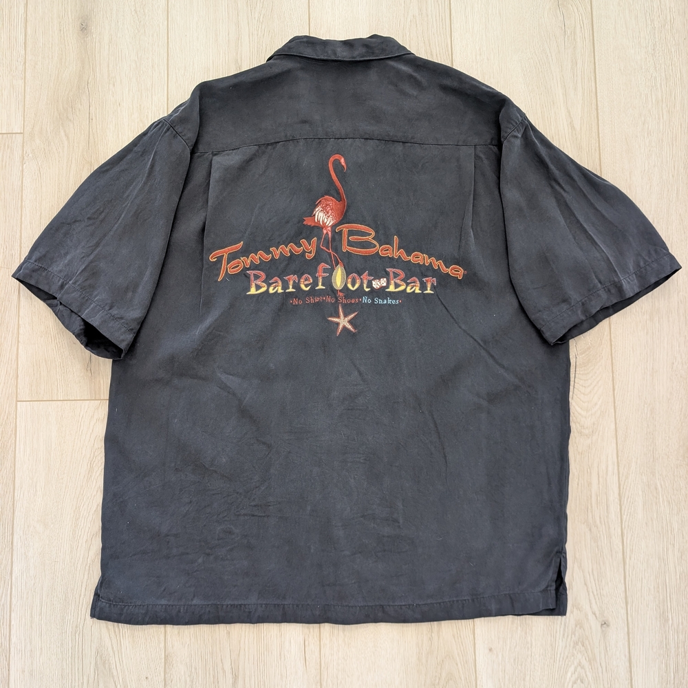 Tommy Bahama Men's Black Silk Button-Down Shirt "Barefoot Bar" Flamingo